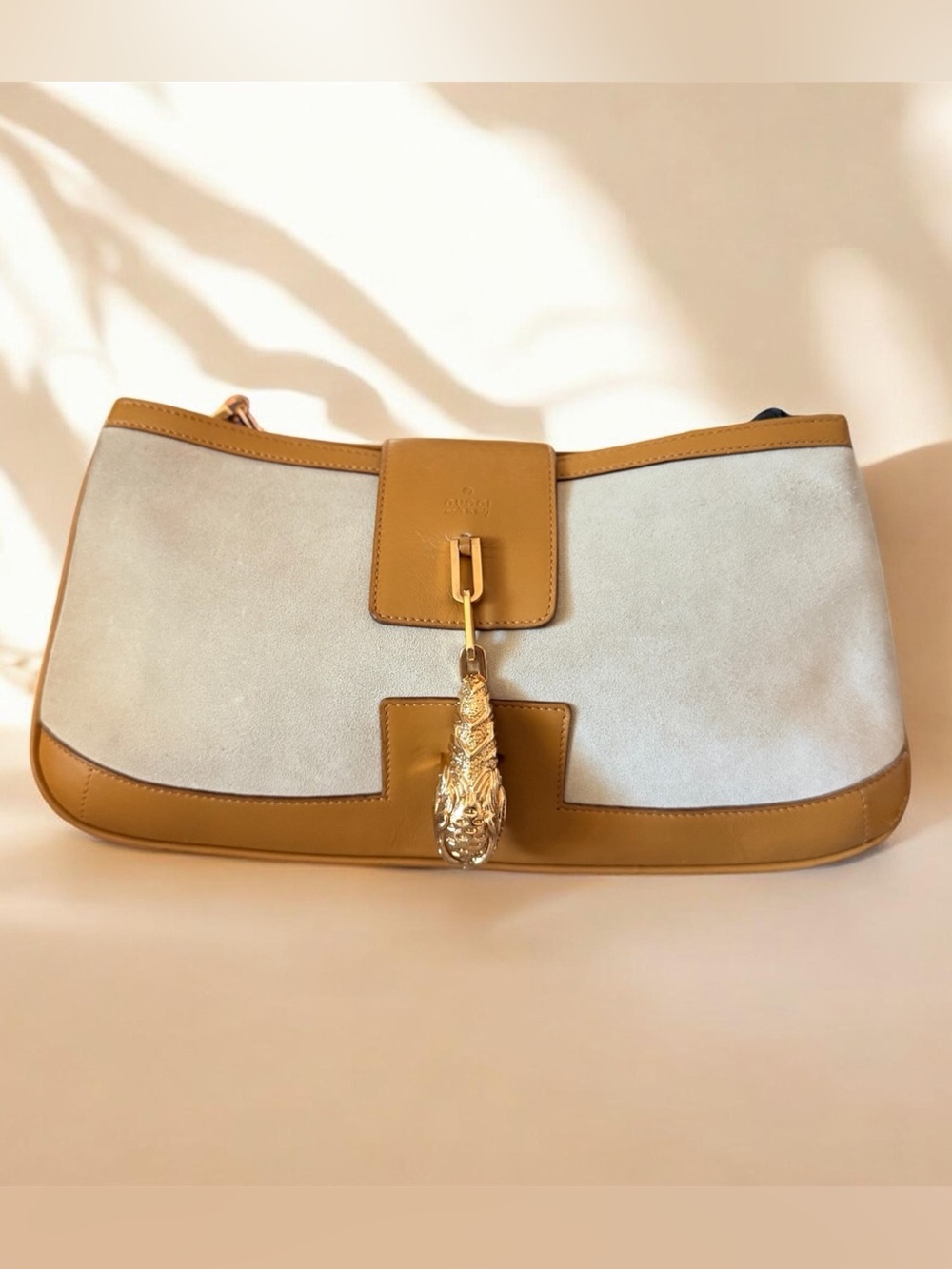 Gucci Vintage Tiger Head Chain Shoulder Bag Beige Suede Tan Leather Tom Ford Era - Picture 3 of 15